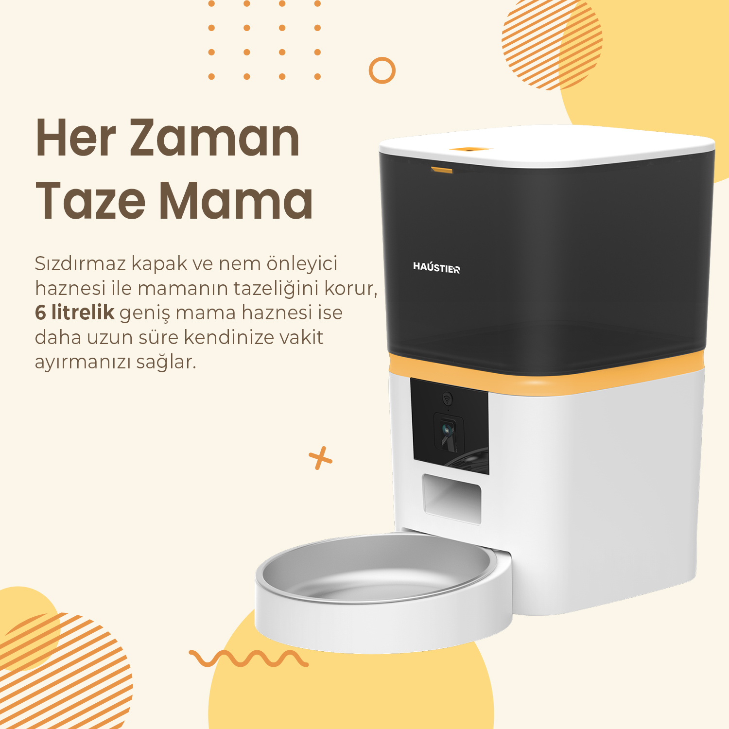 Beyaz ve siyah bir evcil hayvan maması kabı. Türkçe metin 'Her Zaman Taze Mama' diyor.