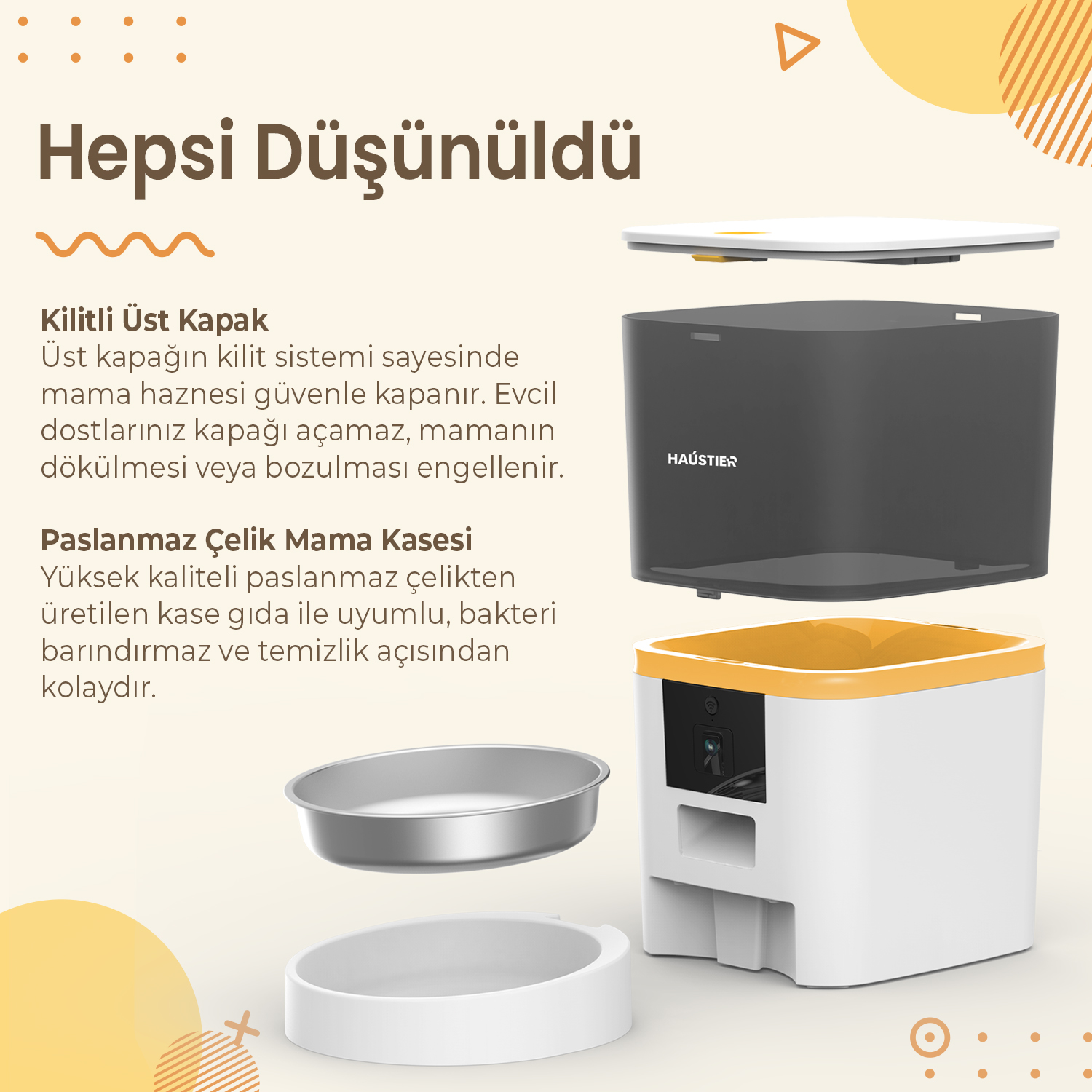 Evcil hayvan mama kabının patlatılmış görünümü. Kapak, kap, kase ve taban parçalarını gösterir. Türkçe metin.