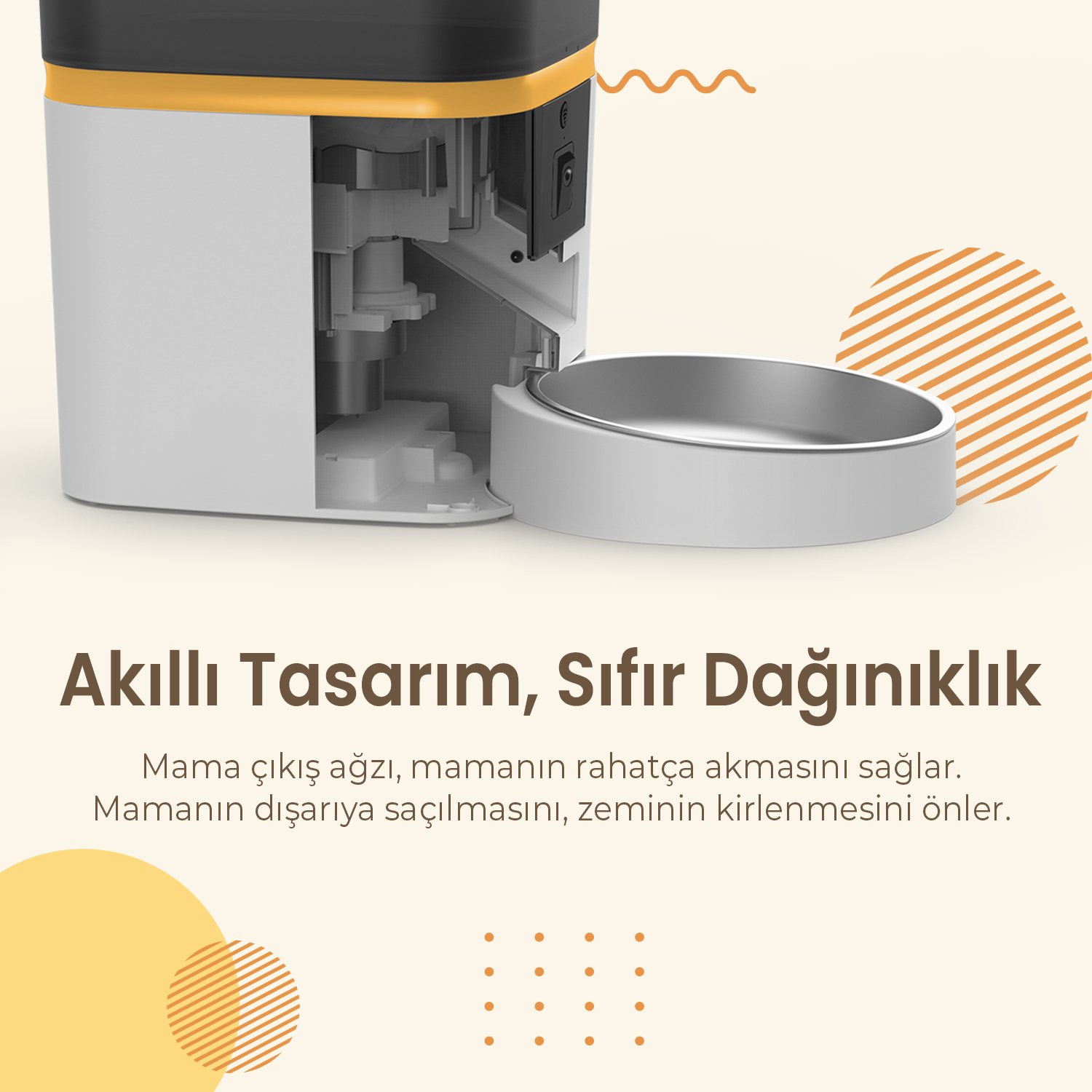 Gümüş kaseli beyaz ve gri evcil hayvan maması dağıtıcısı. Metin: 'Akıllı Tasarım, Sıfır Dağınıklık'. Dökülmeleri ve zemin kirlenmesini önler.