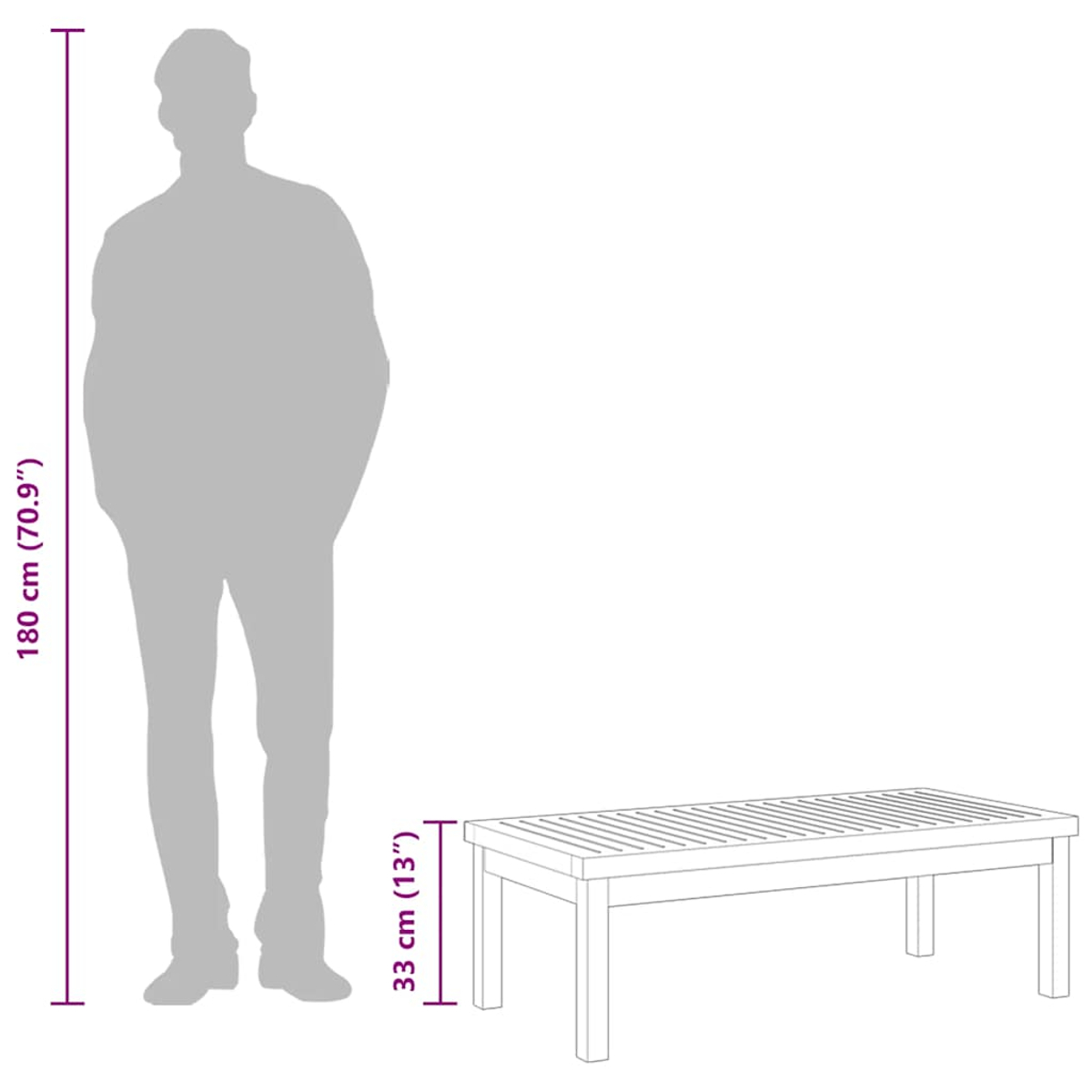 Eine Silhouette einer Person neben einer Holzbank. Die Person ist 180 cm groß und die Bank ist 33 cm hoch.