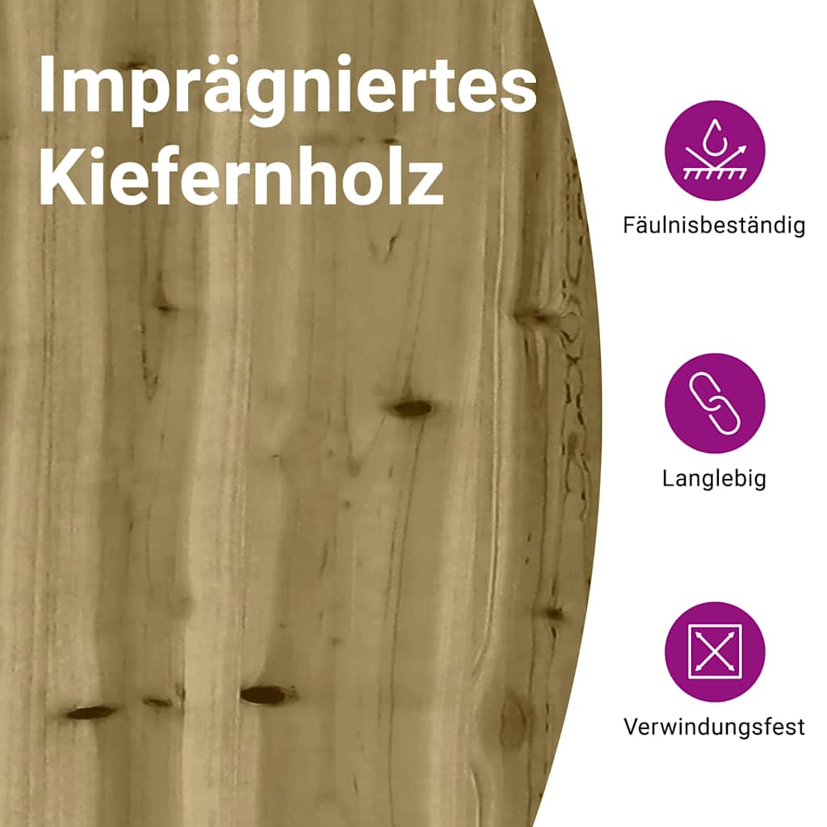 Das Bild zeigt imprägniertes Kiefernholz mit Text und Symbolen. Text: 'Imprägniertes Kiefernholz'. Symbole: Haltbarkeit, Langlebigkeit, Verwindungsfestigkeit.