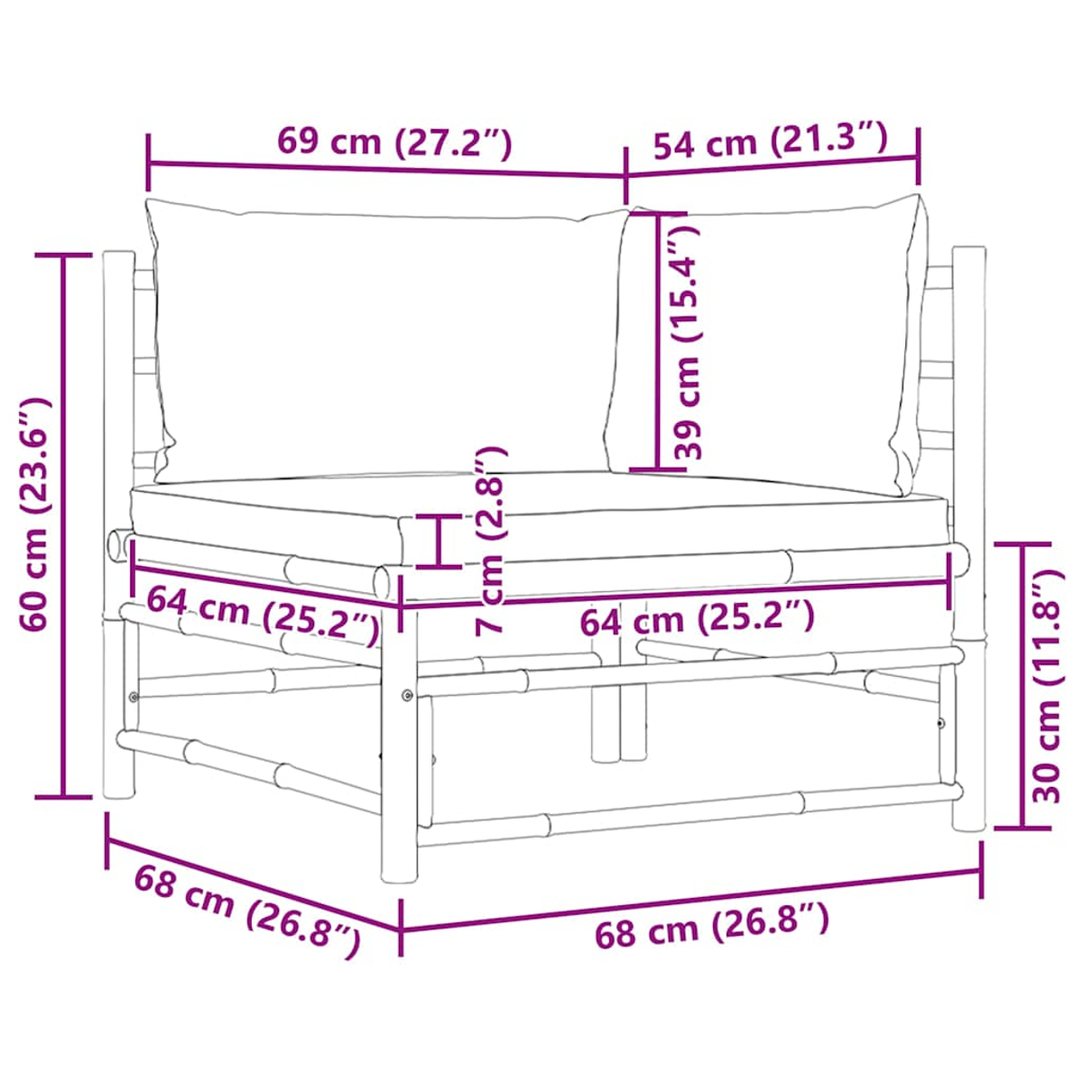 Diagramm eines Bambusstuhls mit Maßangaben in Zentimetern und Zoll. Er hat eine Sitzfläche, eine Rückenlehne und zwei Kissen.