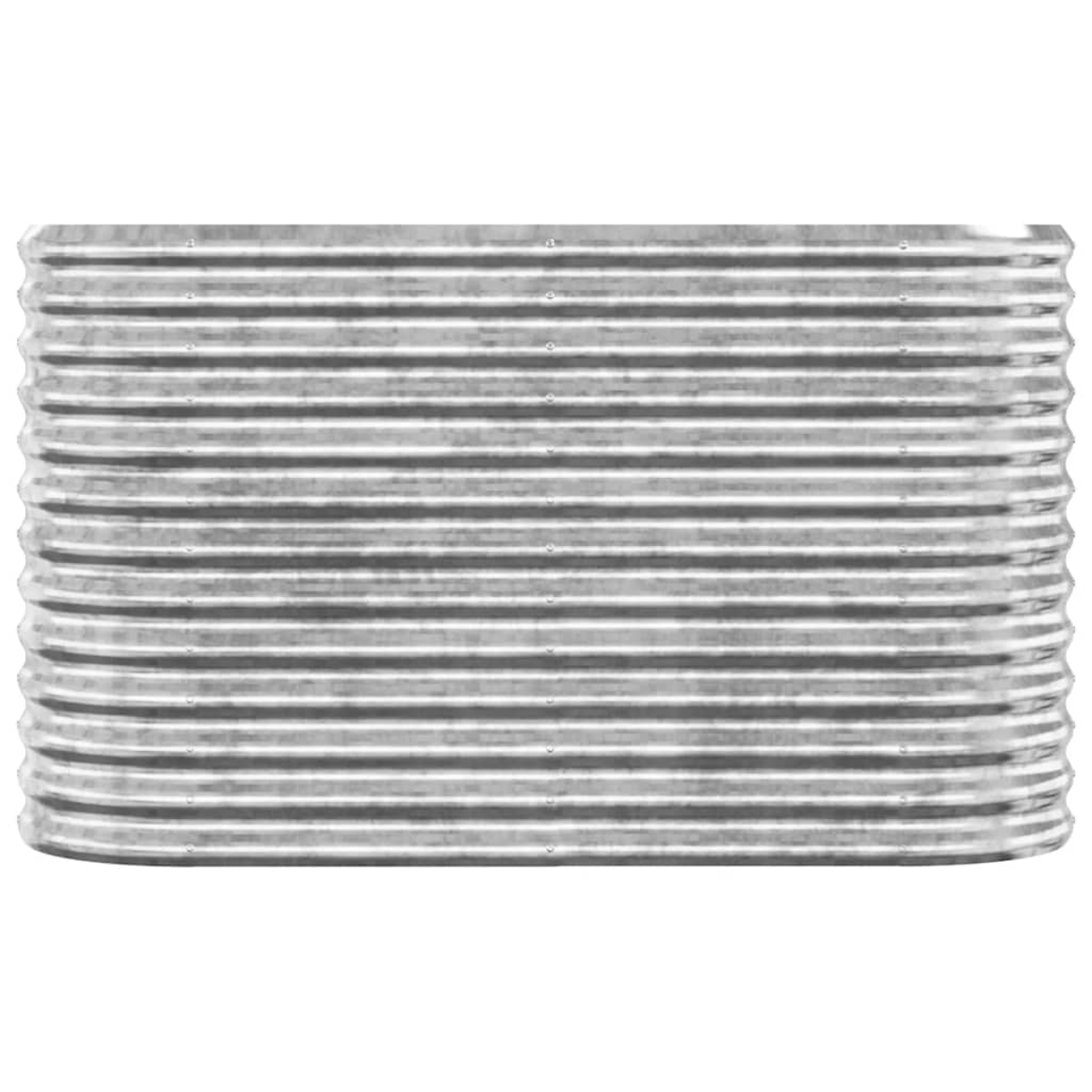 Eine rechteckige, verzinkte Metallpflanzkasten. Die Oberfläche hat horizontale, wellenförmige Rippen für Textur.