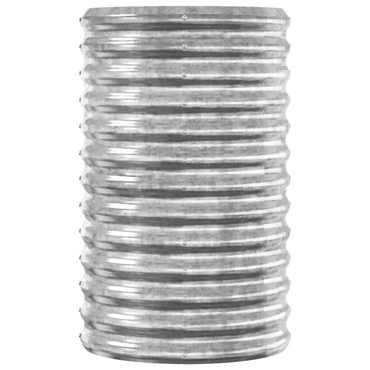 Ein zylindrisches Metallrohr mit geriffelten Rippen. Das Rohr ist silberfarben und hat eine Reihe horizontaler, sich wiederholender Rippen.
