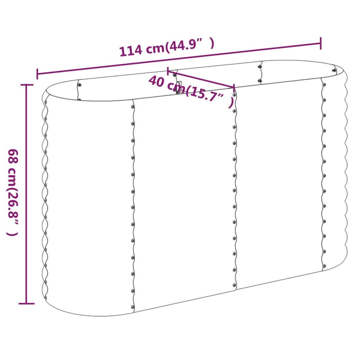 Diagramm eines gebogenen, ovalförmigen Objekts mit den angegebenen Maßen: 114 cm lang, 68 cm hoch und 40 cm breit.