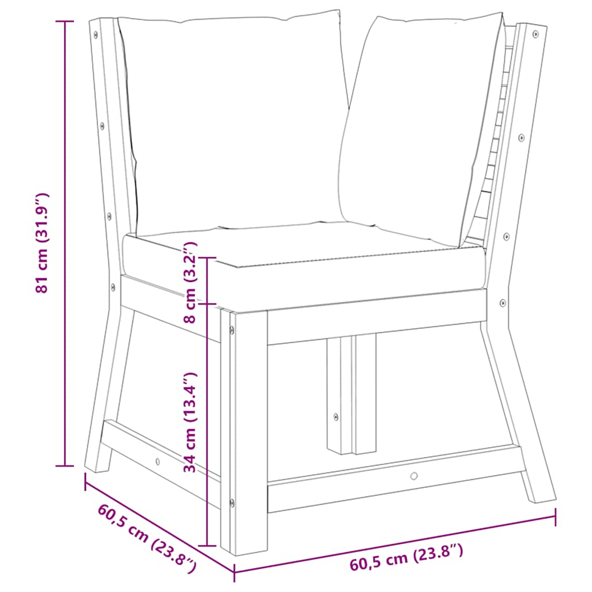 Ein Holzstuhl mit den Maßen: 81 cm Höhe, 60,5 cm Breite und Sitzabmessungen von 34 cm Höhe und 8 cm Dicke.