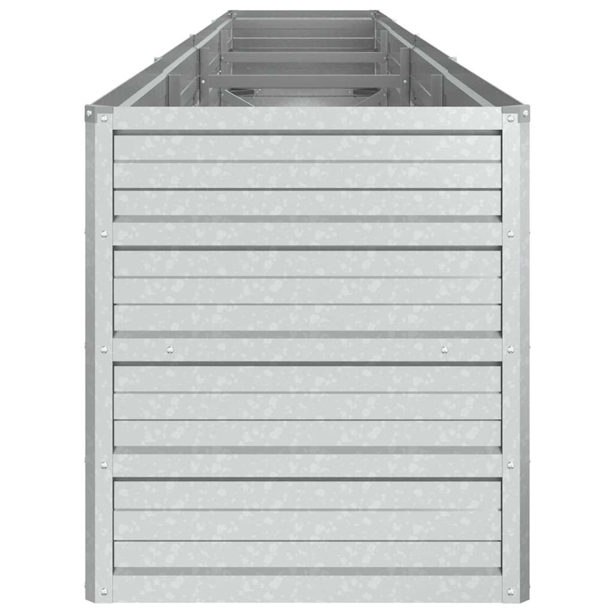 Eine verzinkte Stahl-Pflanzkiste. Die Kiste ist rechteckig mit horizontal gerippten Seiten und einem flachen oberen Rahmen. Sie ist leer.