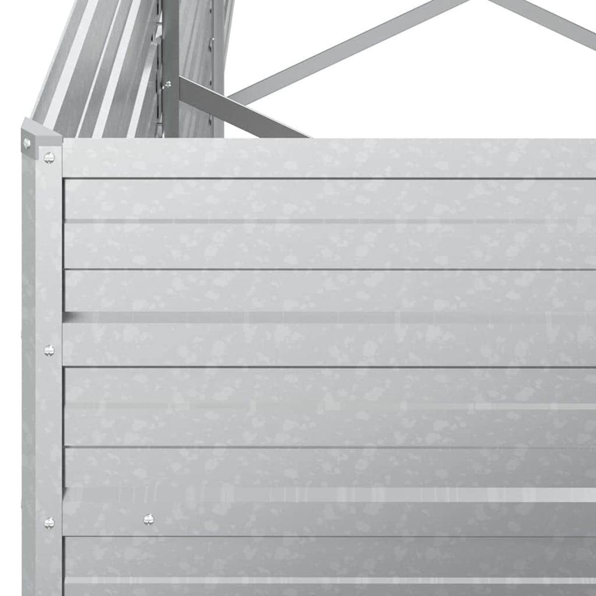 Nahaufnahme einer metallischen Struktur. Horizontale, genietete Platten bilden eine Wand mit tragenden Balken darüber. Die Farbe ist hellgrau.