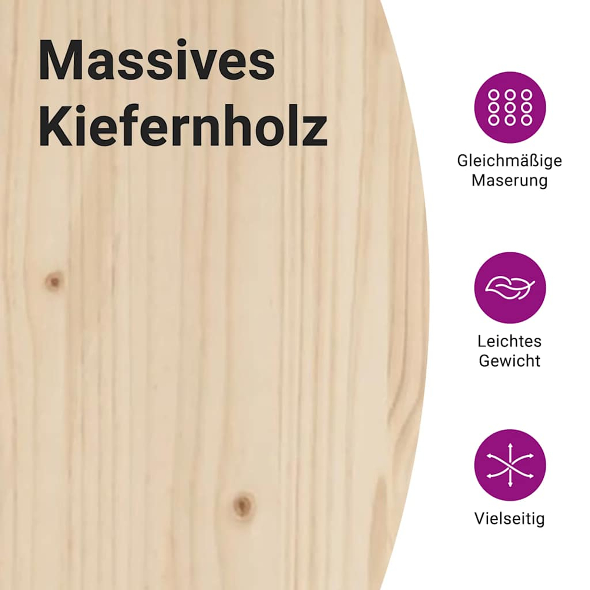 Bild zeigt helles Holz mit Text 'Massives Kiefernholz'. Symbole zeigen gleichmäßige Maserung, leichtes Gewicht und Vielseitigkeit.