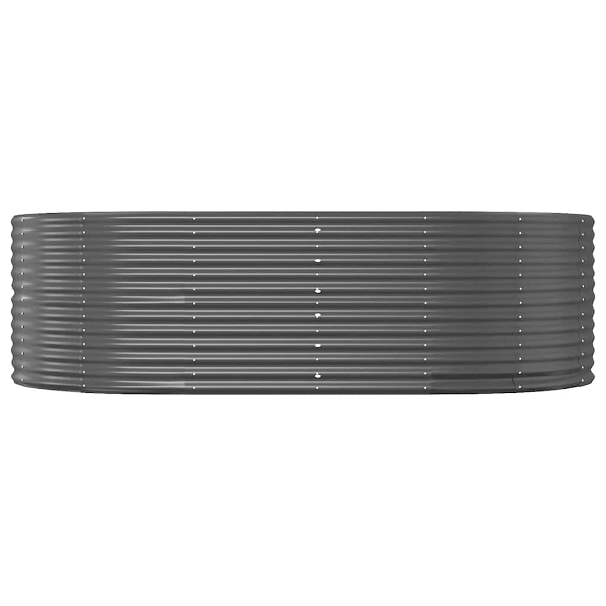 Ein graues, gewelltes Metall-Gartenbeet, oval geformt, auf weißem Hintergrund.