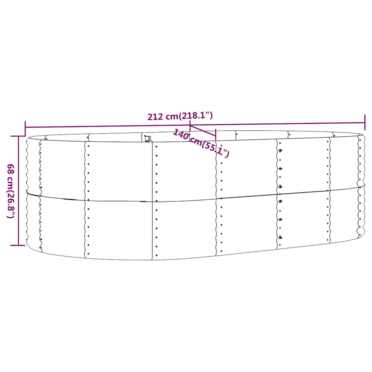 Eine Illustration einer zylindrischen Struktur mit den Maßen: 212 cm, 68 cm und 140 cm. Die Struktur besteht aus Paneelen.
