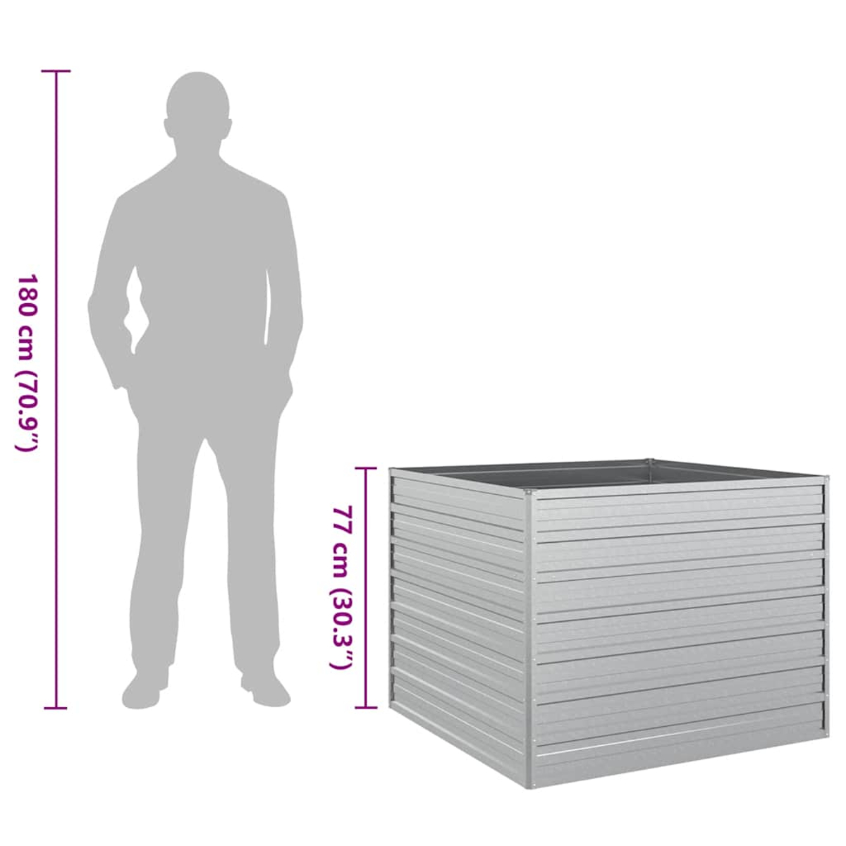 Eine Person steht in der Nähe eines Metallpflanzgefäßes. Abmessungen der Person und des Pflanzgefäßes sind angegeben.