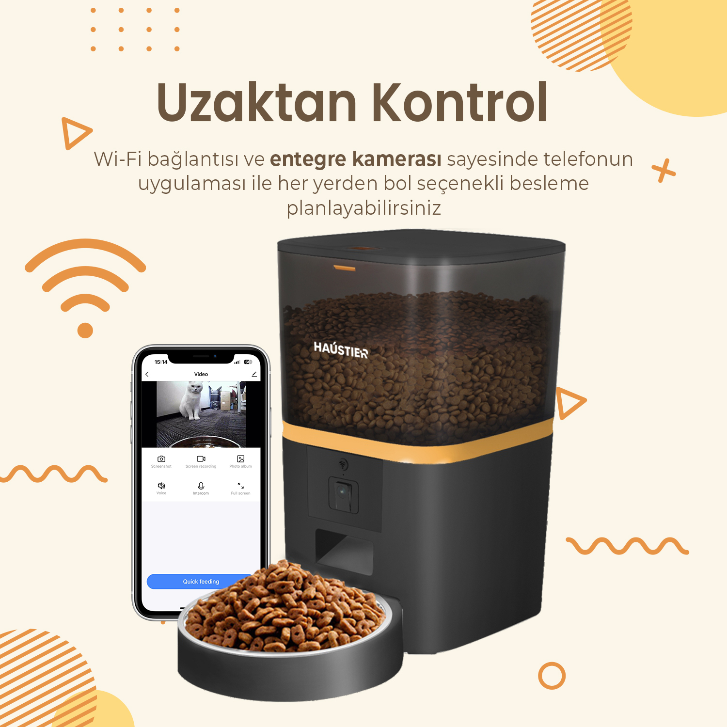 Bir kedi gösteren bir telefonla bir evcil hayvan besleyici. Besleyicinin bir mama kabı var. Metin "Uzaktan Kontrol" ve "HAÜSTIER" diyor.