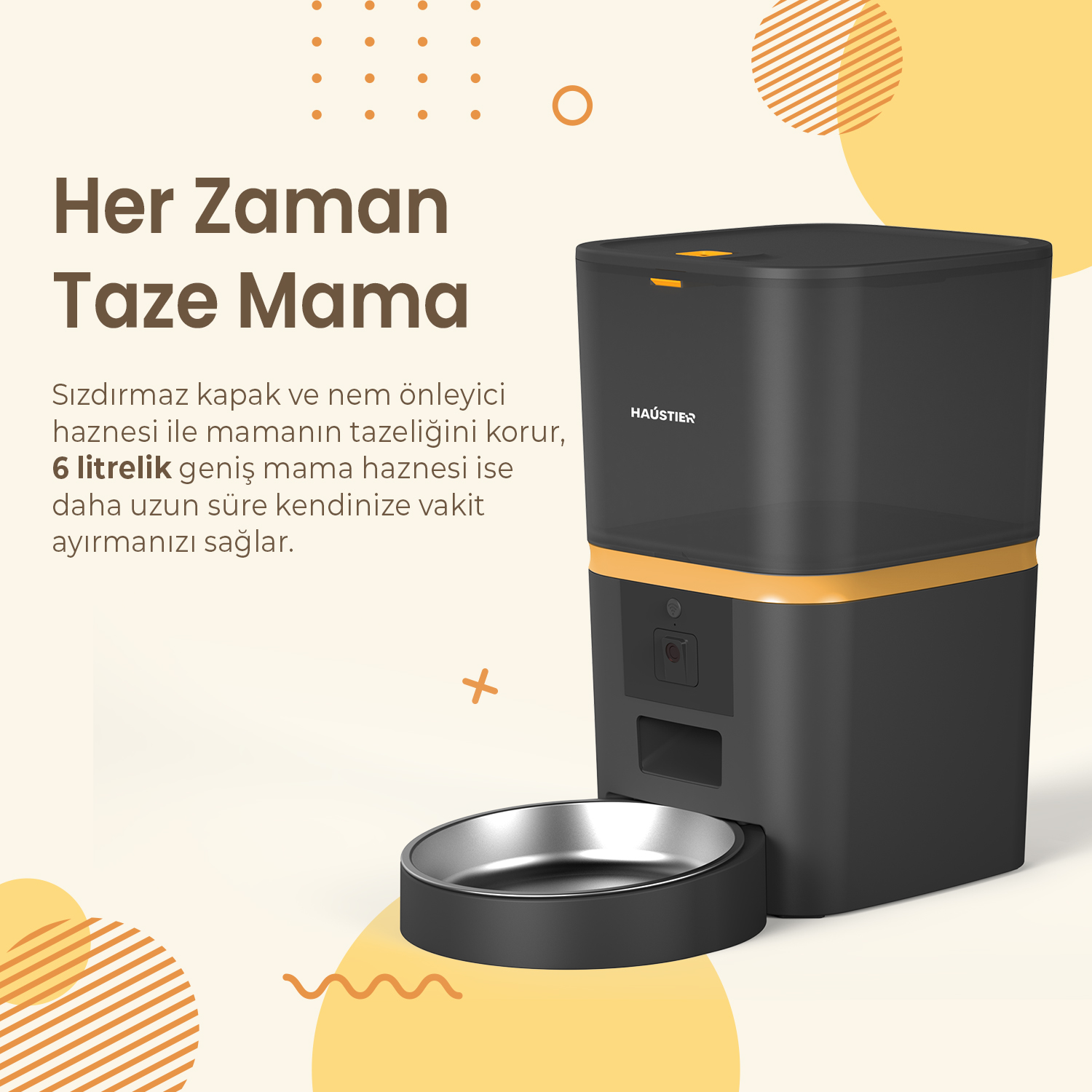 Siyah ve turuncu, otomatik evcil hayvan besleyici, mama kabıyla. Metin: 'Her Zaman Taze Mama' (Her Zaman Taze Mama).