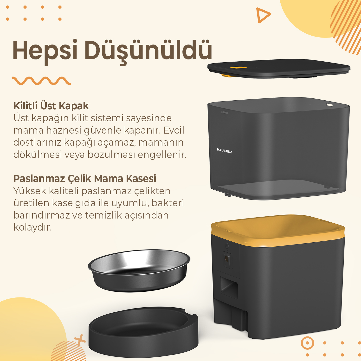 Görselde siyah ve sarı tasarımlı bir evcil hayvan besleyici görülüyor. Bir mama kabı, kilitli bir kapak ve yiyecek saklama kabı bulunuyor.