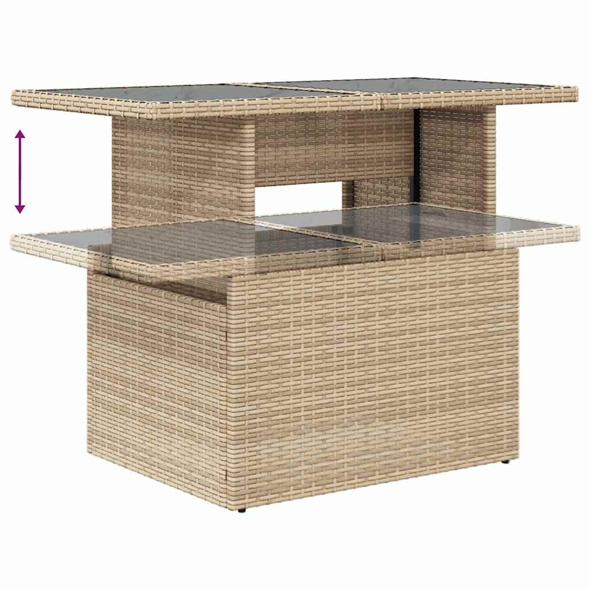 Wicker-Gartentisch mit Glasplatte. Der Tisch hat zwei Ebenen, wobei ein Pfeil anzeigt, dass eine Ebene angehoben oder abgesenkt werden kann.