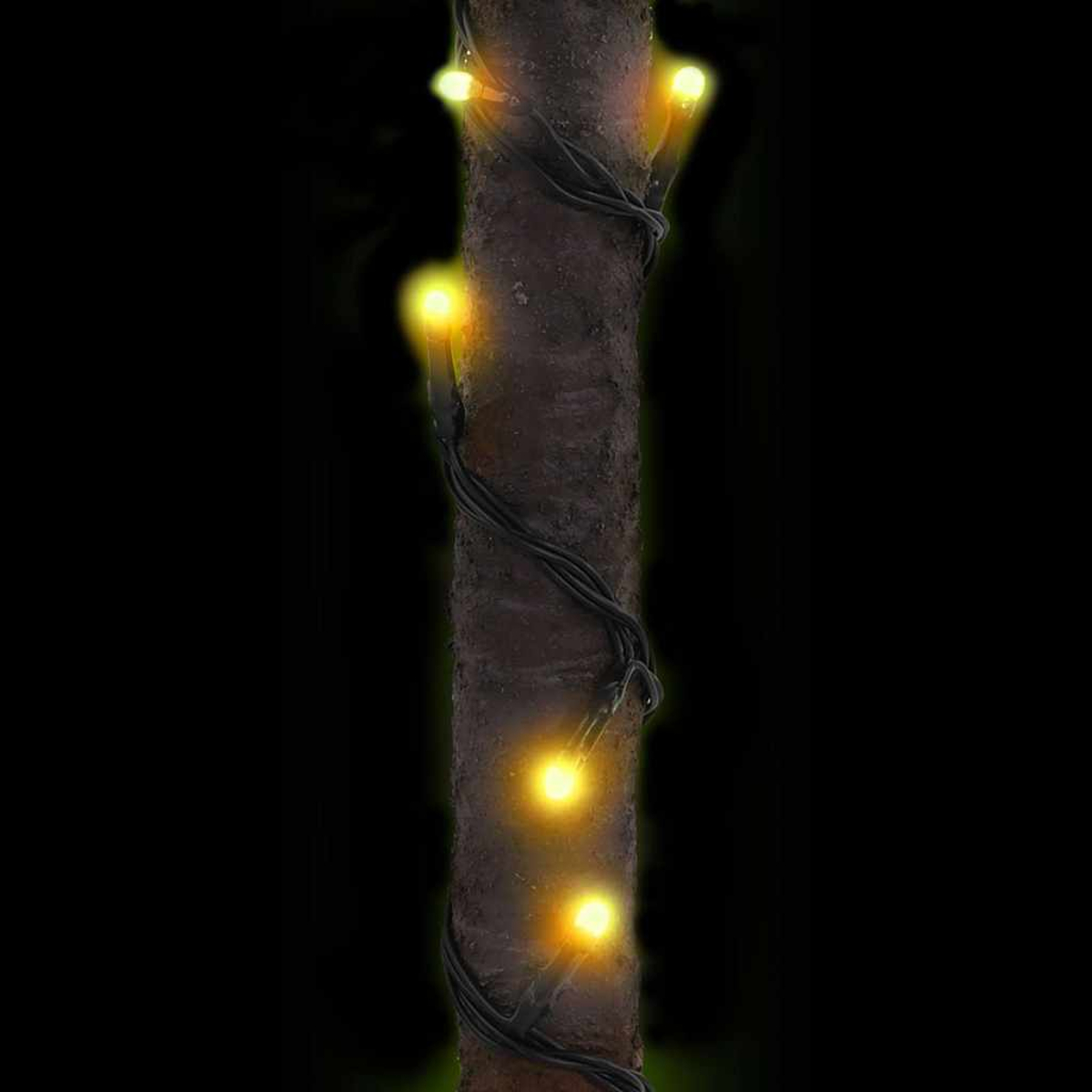 Ein Baumstamm, der mit schwarzem Draht und gelben Lichtern umwickelt ist. Der Hintergrund ist tiefschwarz. Die Lichter sind an.