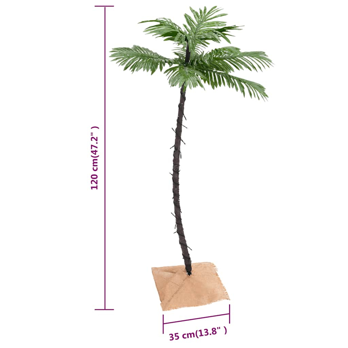 Eine hohe künstliche Palme mit grünen Wedeln und einem braunen Stamm, gepflanzt in einem quadratischen Sackleinen. Abmessungen sind angegeben.