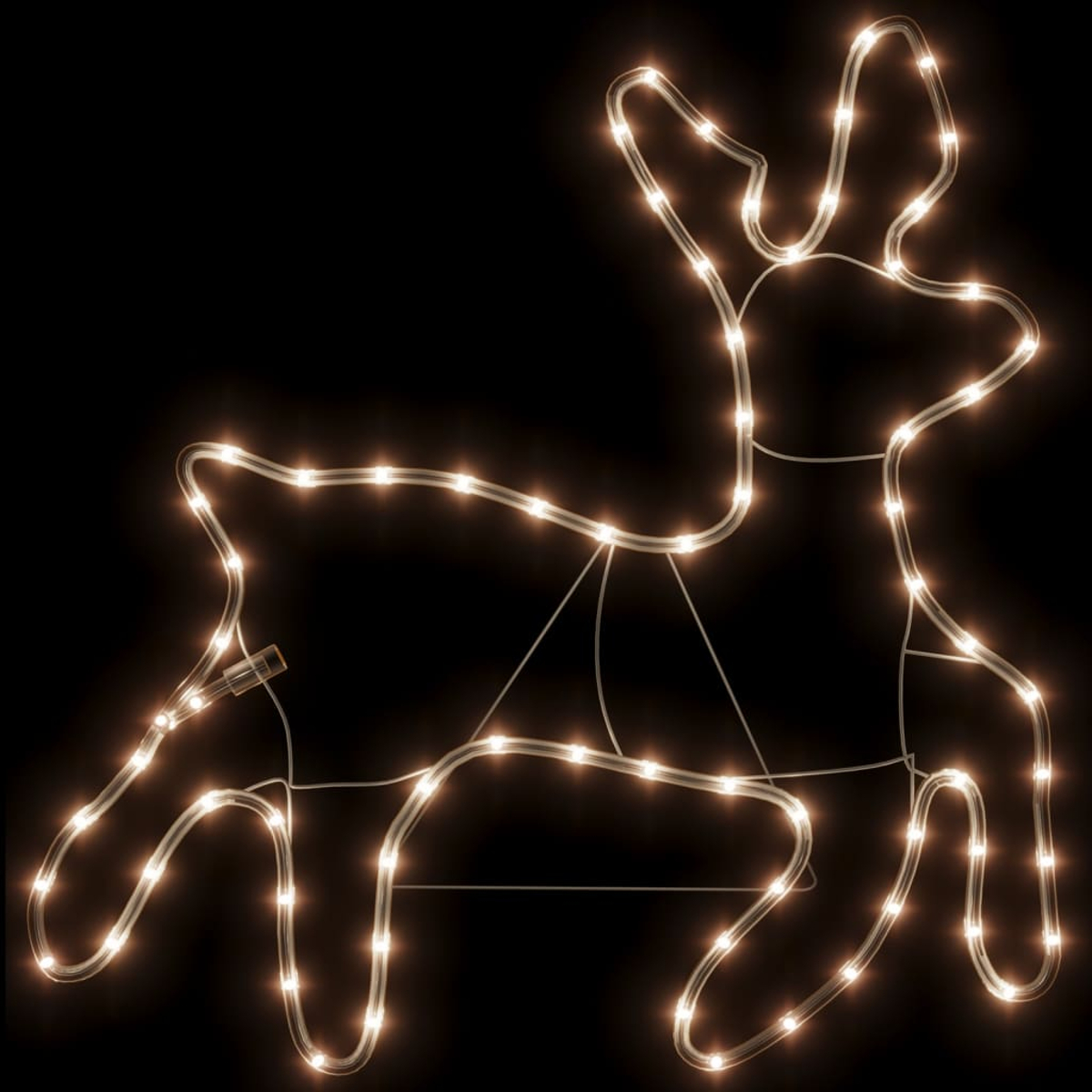Eine rentierförmige Weihnachtsdekoration. Mit weißen Lichtern umrandet, leuchtet sie vor schwarzem Hintergrund und erzeugt eine festliche Silhouette.