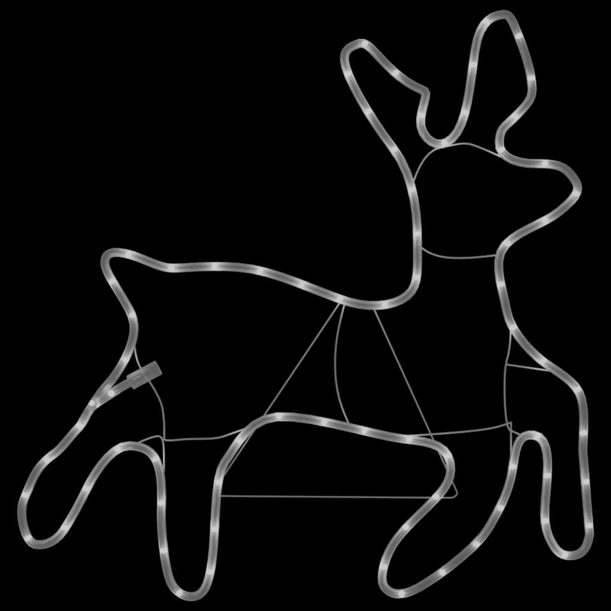 Eine silberne Rentierumrisslinie aus Lichtern auf schwarzem Hintergrund. Das Reh ist im Profil mit Geweih und Beinen in Laufhaltung.