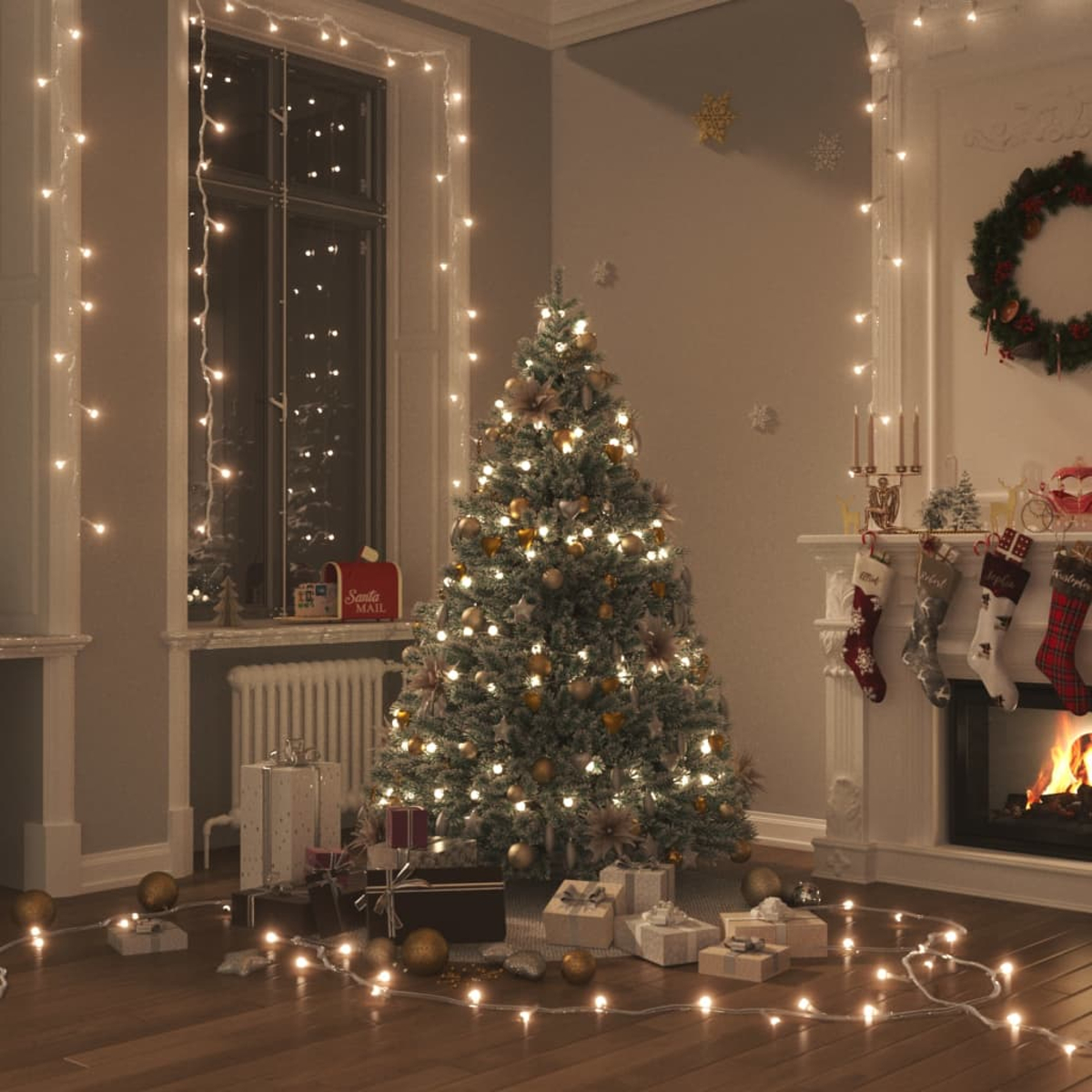 Weihnachtsszene mit Baum, Lichtern, Geschenken, Kamin und Kranz. Ein gemütliches Zimmer weihnachtlich geschmückt.