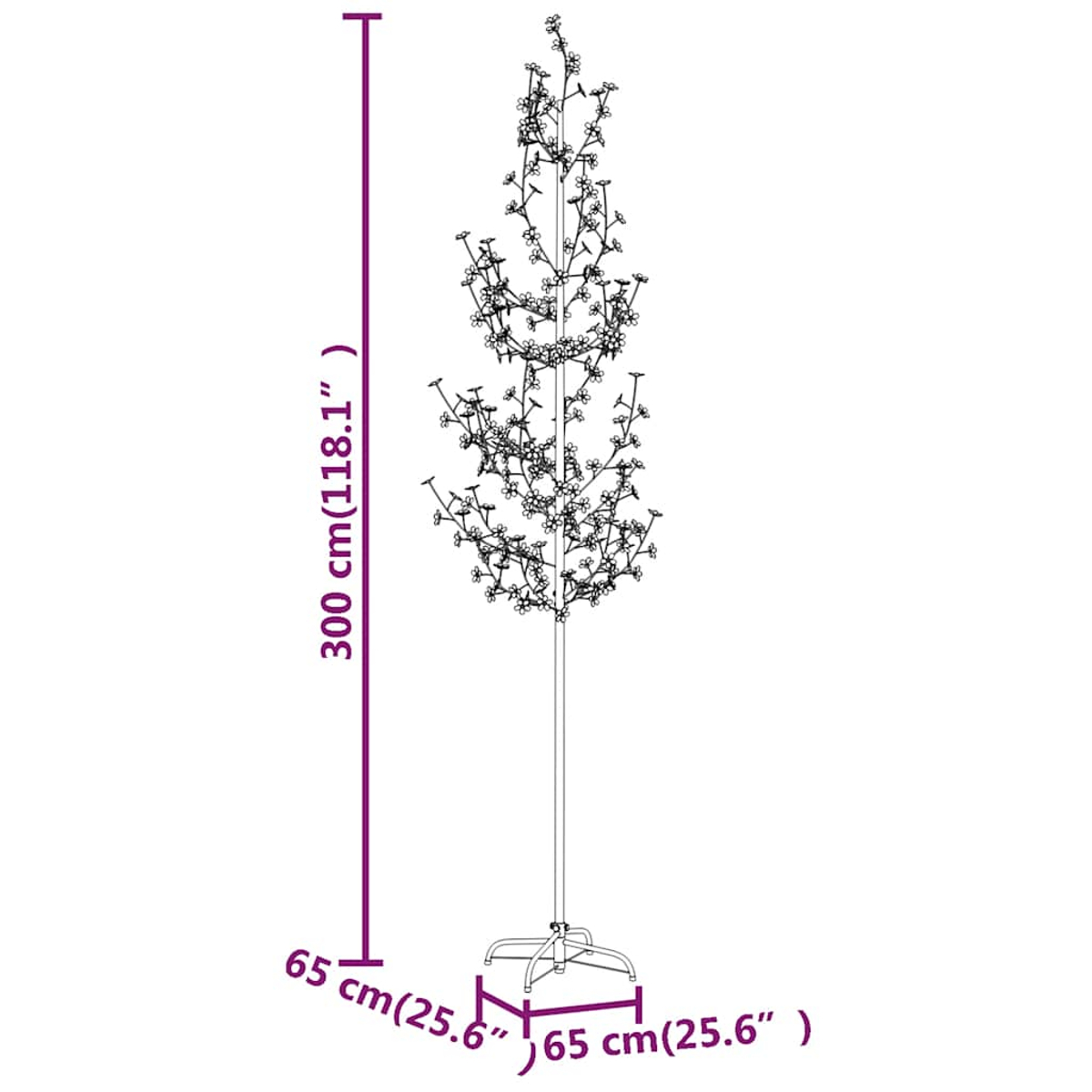 Ein Zierbaum mit weißen Blüten, eine hohe violette Linie zeigt 300 cm, und die Abmessungen sind beschriftet. Der Baum steht auf einem Sockel.