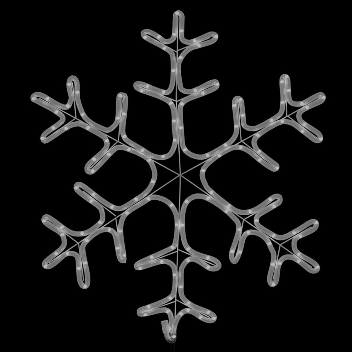 Eine große, beleuchtete Schneeflocke vor schwarzem Hintergrund. Die Schneeflocke besteht aus weißen Lichtern in Sternform.