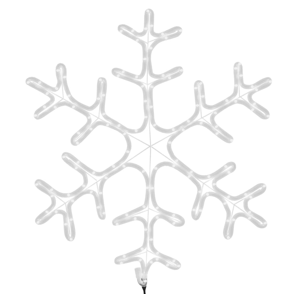 Eine weiße Schneeflocken-Dekoration auf weißem Hintergrund. Sie hat sechs Spitzen mit abgerundeten Enden und ist mit kleinen Lichtern beleuchtet.