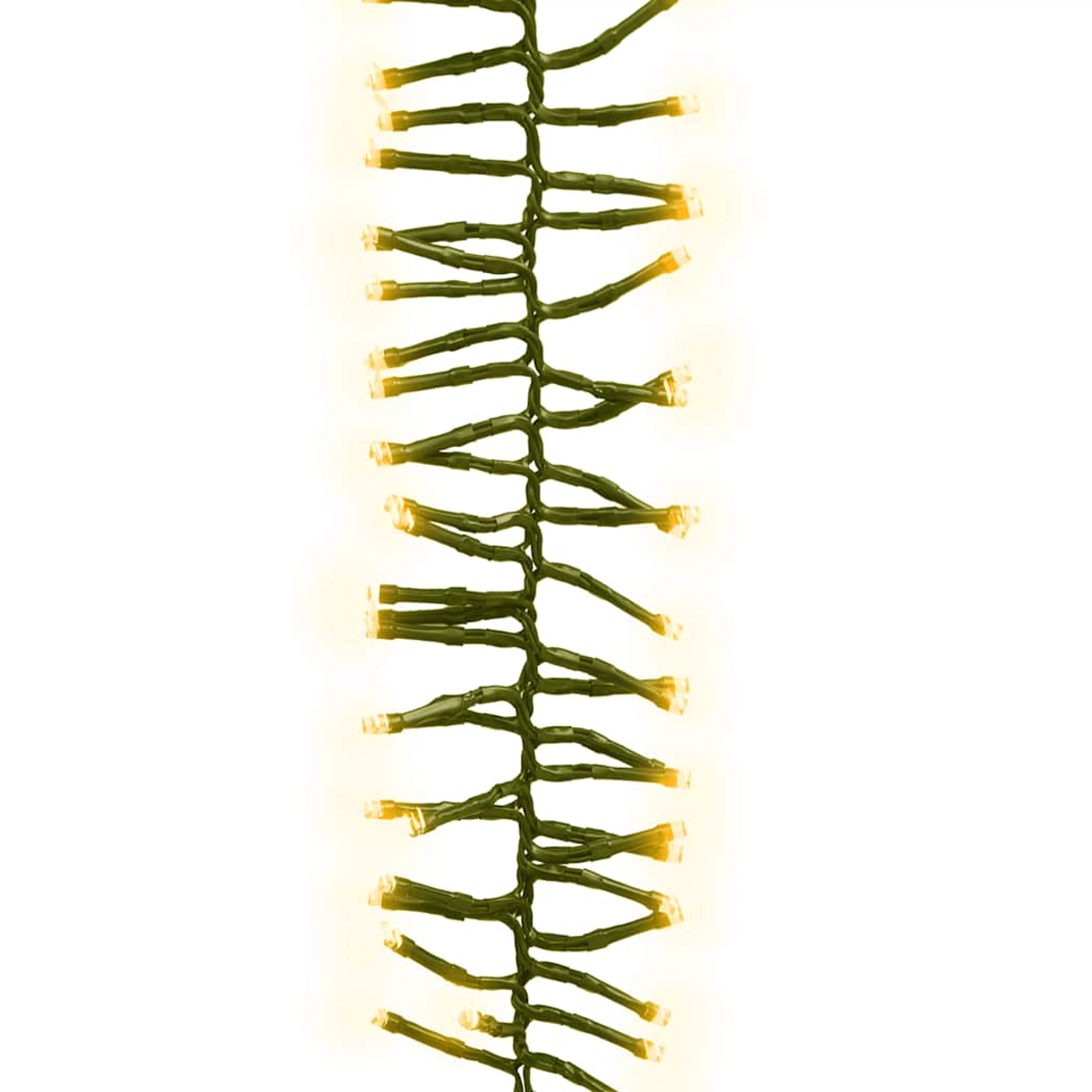 Eine Lichterkette auf weißem Hintergrund. Die Lichter sind klein und gelb, die Drähte grün.