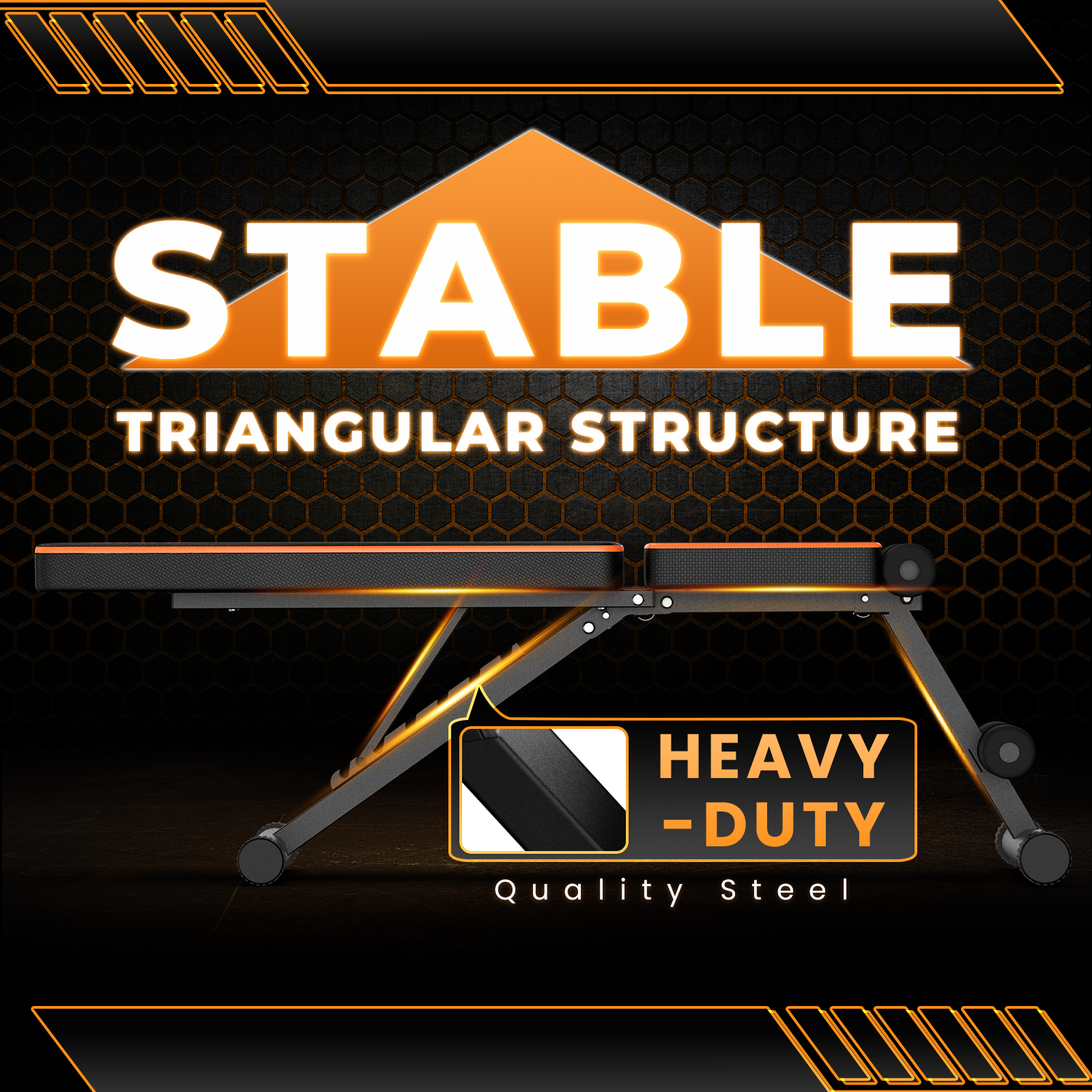 Ławka do ćwiczeń z pomarańczowymi akcentami i trójkątną ramą. Tekst brzmi 'STABILNA STRUKTURA TRÓJKĄTNA' i 'WYTRZYMAŁA Jakość Stali'.
