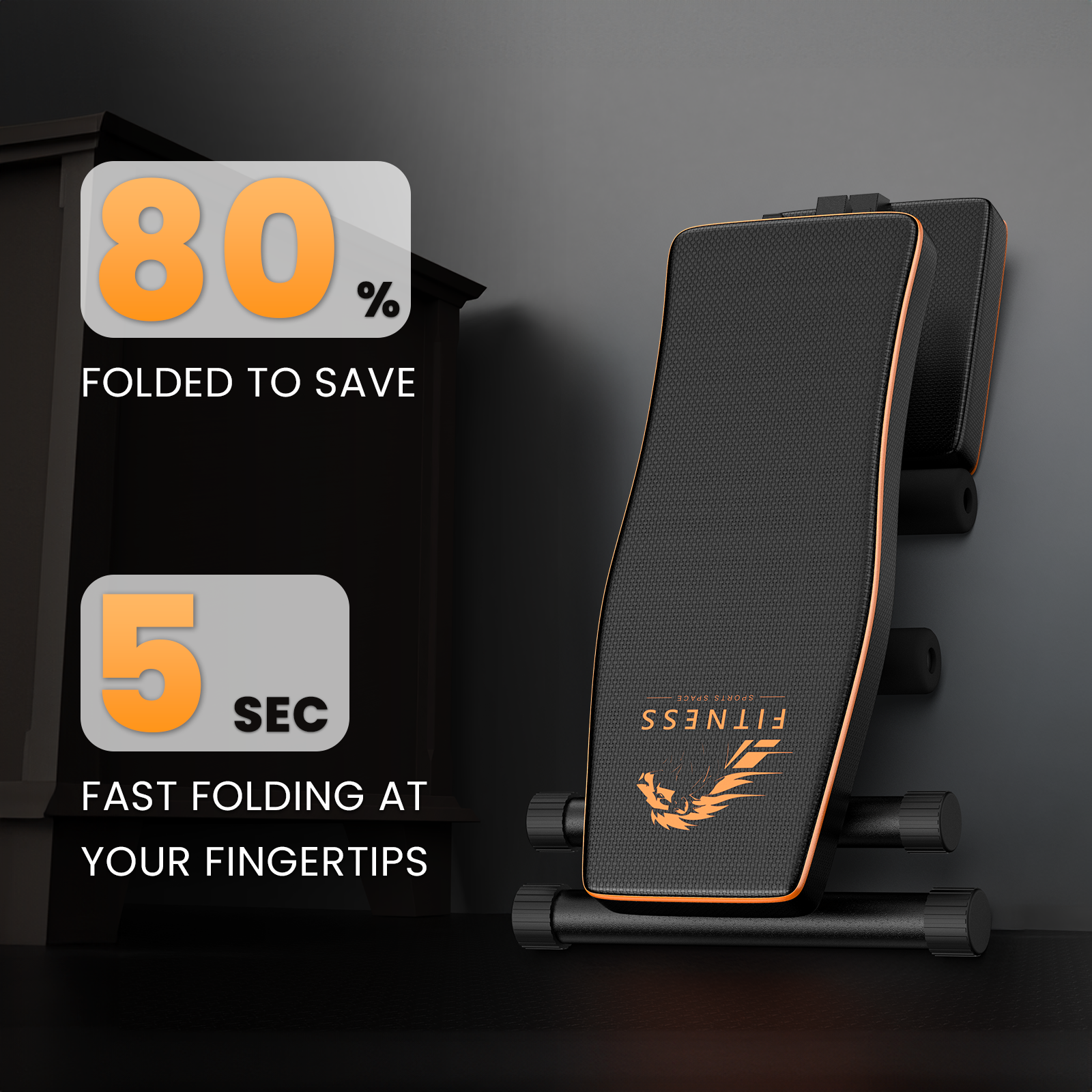 Czarno-pomarańczowa ławka do ćwiczeń na szarym tle z tekstem promocyjnym szybkiego składania.