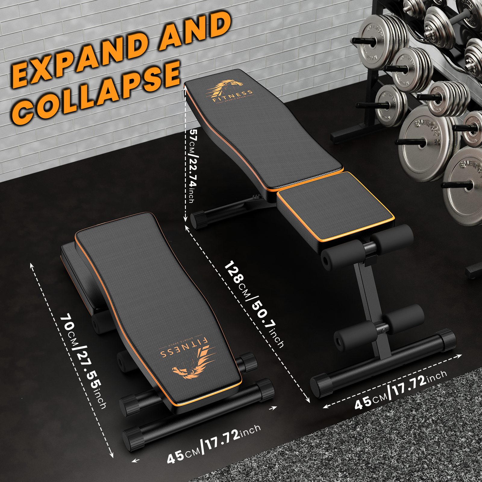 Dwie czarno-pomarańczowe ławki do ćwiczeń. Jedna złożona, druga rozłożona. Stojak na ciężary w tle. Tekst: Expand and Collapse.