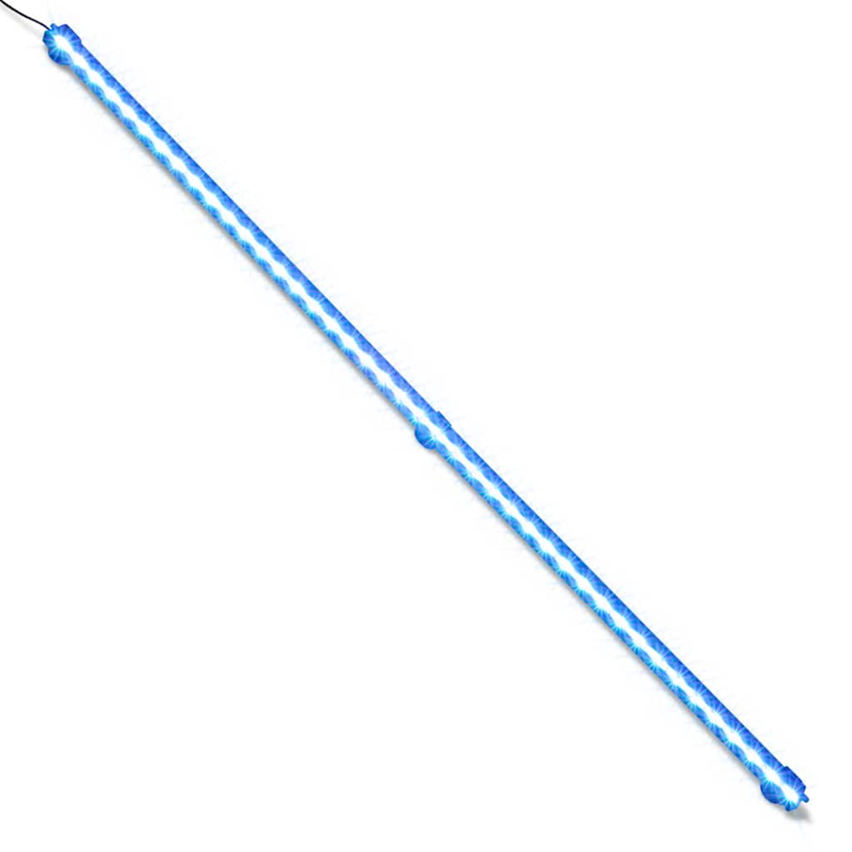 Ein gerader, blauer LED-Lichtstreifen mit Netzkabel auf weißem Hintergrund. Das Licht ist diagonal positioniert.
