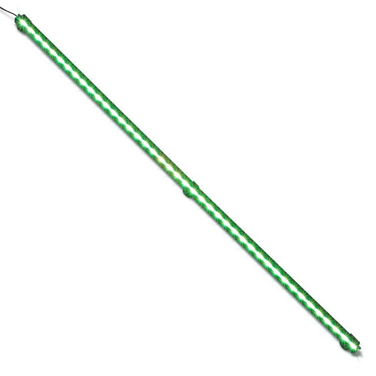 Ein grüner LED-Lichtstreifen ist vor einem weißen Hintergrund abgewinkelt. Der Streifen hat viele kleine Lichter und ein Kabel.