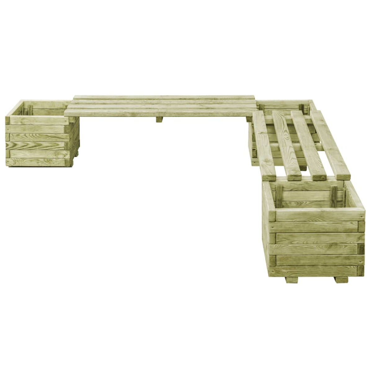 Holz-Sitzgruppe im Freien. Besteht aus zwei Pflanzkästen, die durch Holzplanken verbunden sind, mit L-förmigem Design.