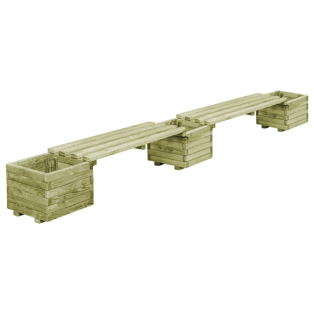 Eine Holzbrücke mit zwei Pflanzgefäßen an jedem Ende. Die Brücke besteht aus Brettern. Die Pflanzgefäße sind quadratisch.