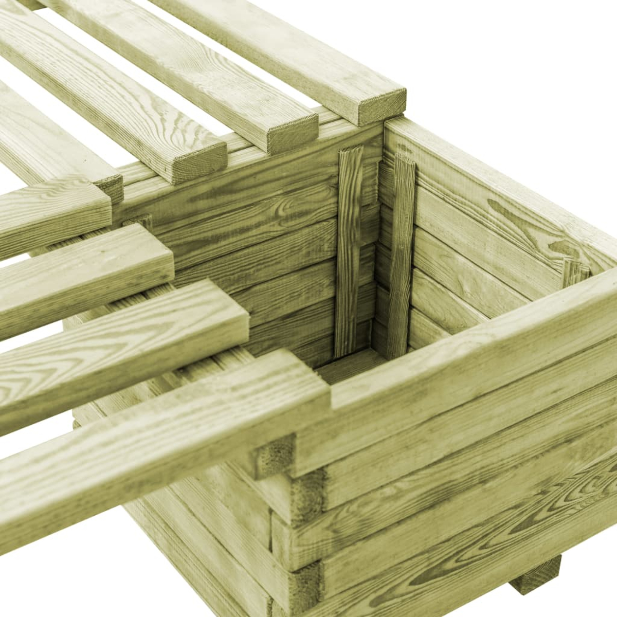 Nahaufnahme eines hellgrünen Holzpflanzkastens mit Latten oben. Die Kiste besteht aus gestapelten Holzbrettern.