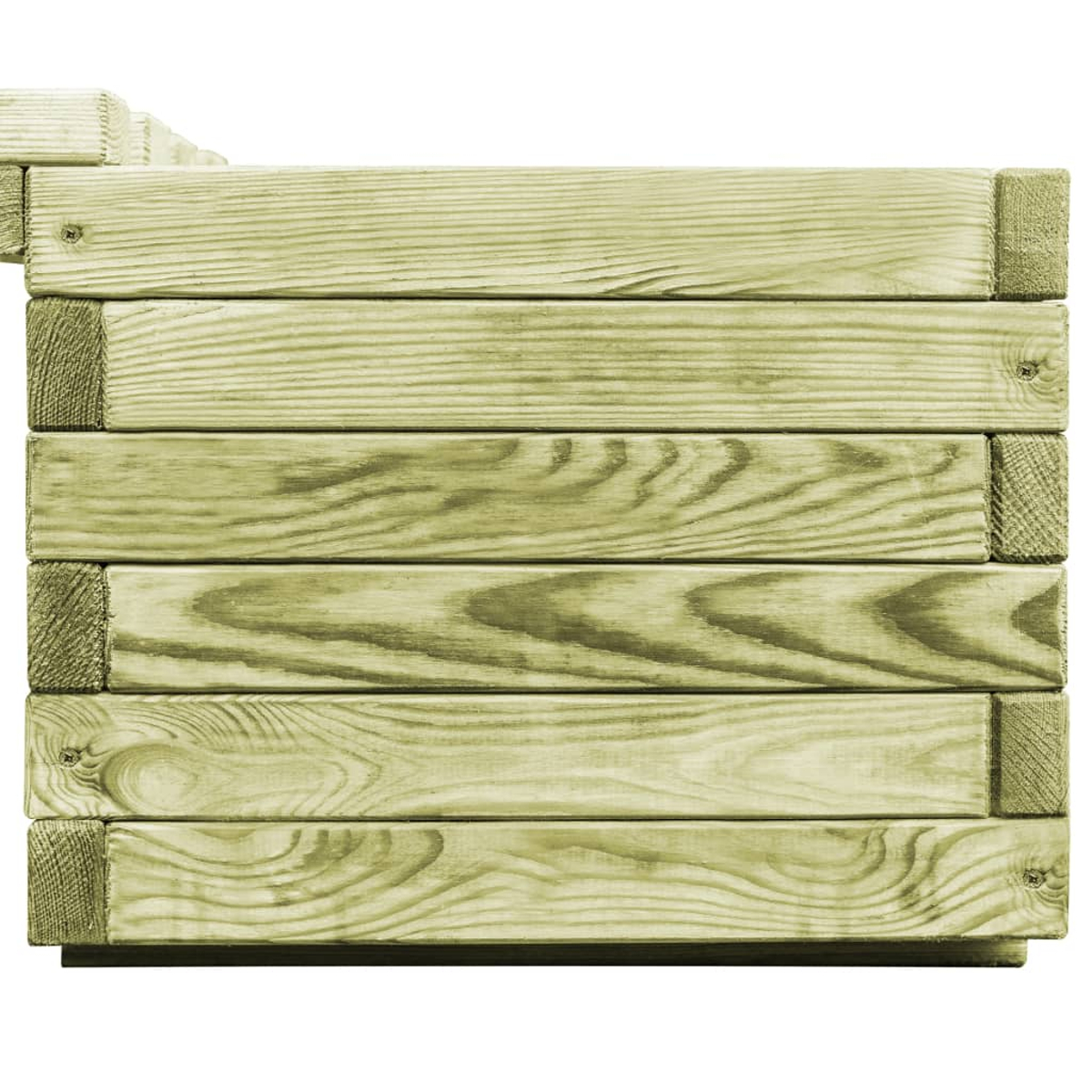Nahaufnahme eines Holzpflanzgefäßes. Es besteht aus horizontalen Holzplanken mit Maserung, die durch vertikale Stücke an den Ecken verbunden sind.