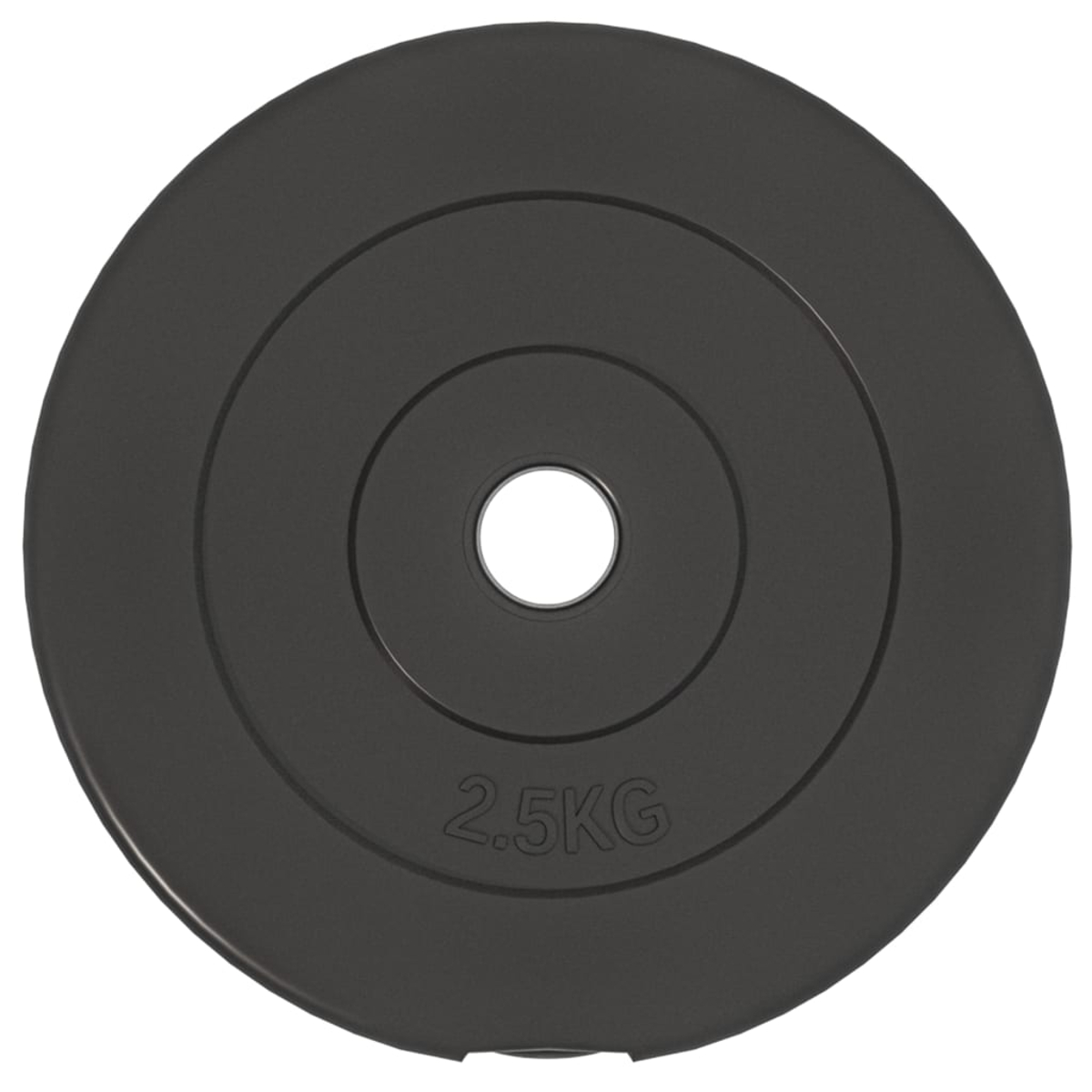 Eine schwarze Hantelscheibe mit einem weißen Mittelloch. Es hat konzentrische Kreise und den Text '2.5KG' auf der Oberfläche.