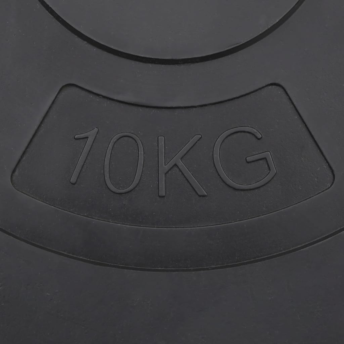 Nahaufnahme einer schwarzen Hantelscheibe. Die Zahl 10KG ist auf der Oberfläche eingeprägt. Konzentrische Kreise umrahmen den Text.