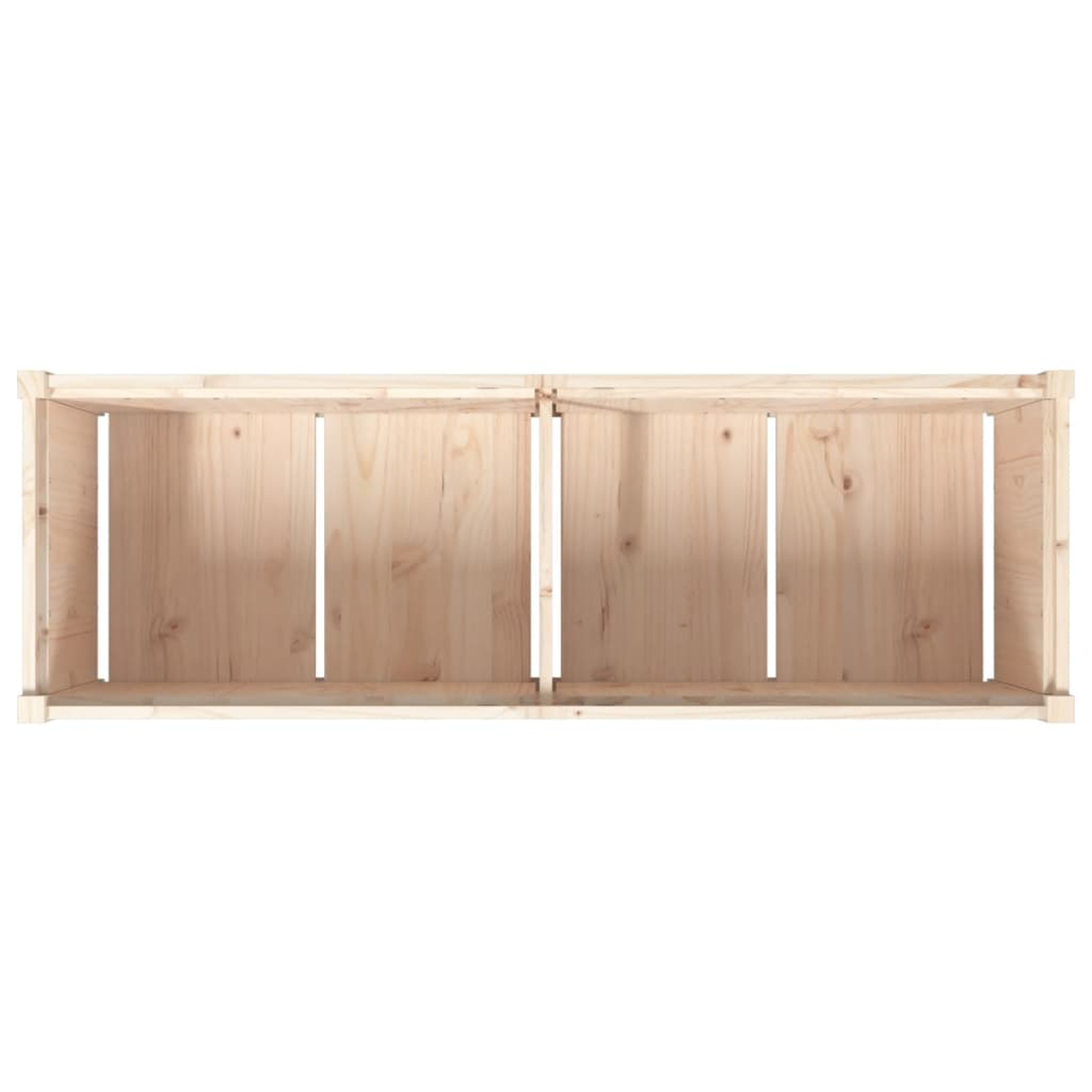 Zwei leere Holzkisten nebeneinander. Die Kisten sind aus hellfarbenem Holz und haben vertikale Lamellen an den Seiten.