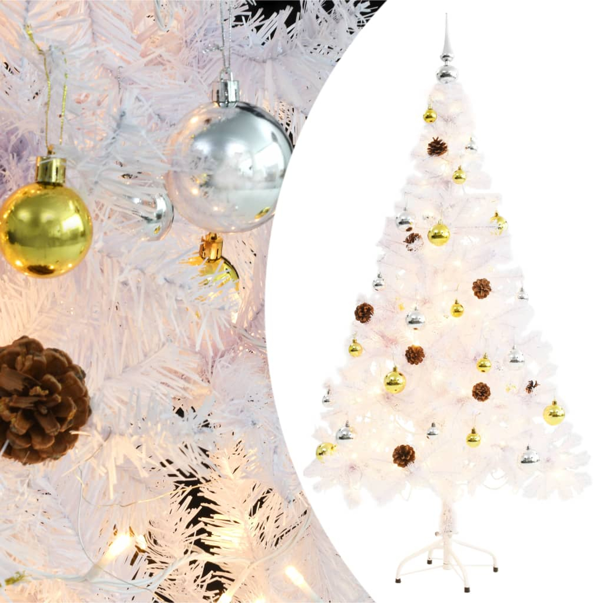 Ein weißer Weihnachtsbaum, geschmückt mit goldenen und silbernen Ornamenten und Tannenzapfen. Einige Lichter sind auch im Baum platziert.