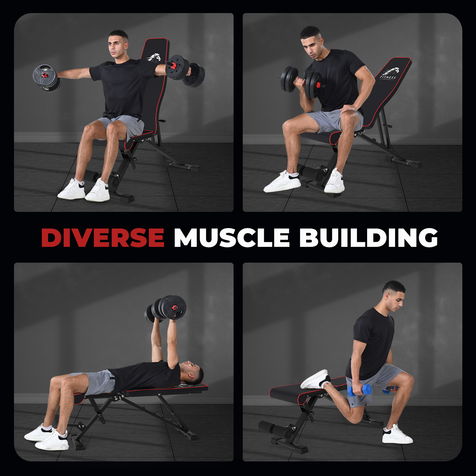 Mężczyzna ćwiczy z ciężarami na ławce. Podnosi hantle i robi przysiady.