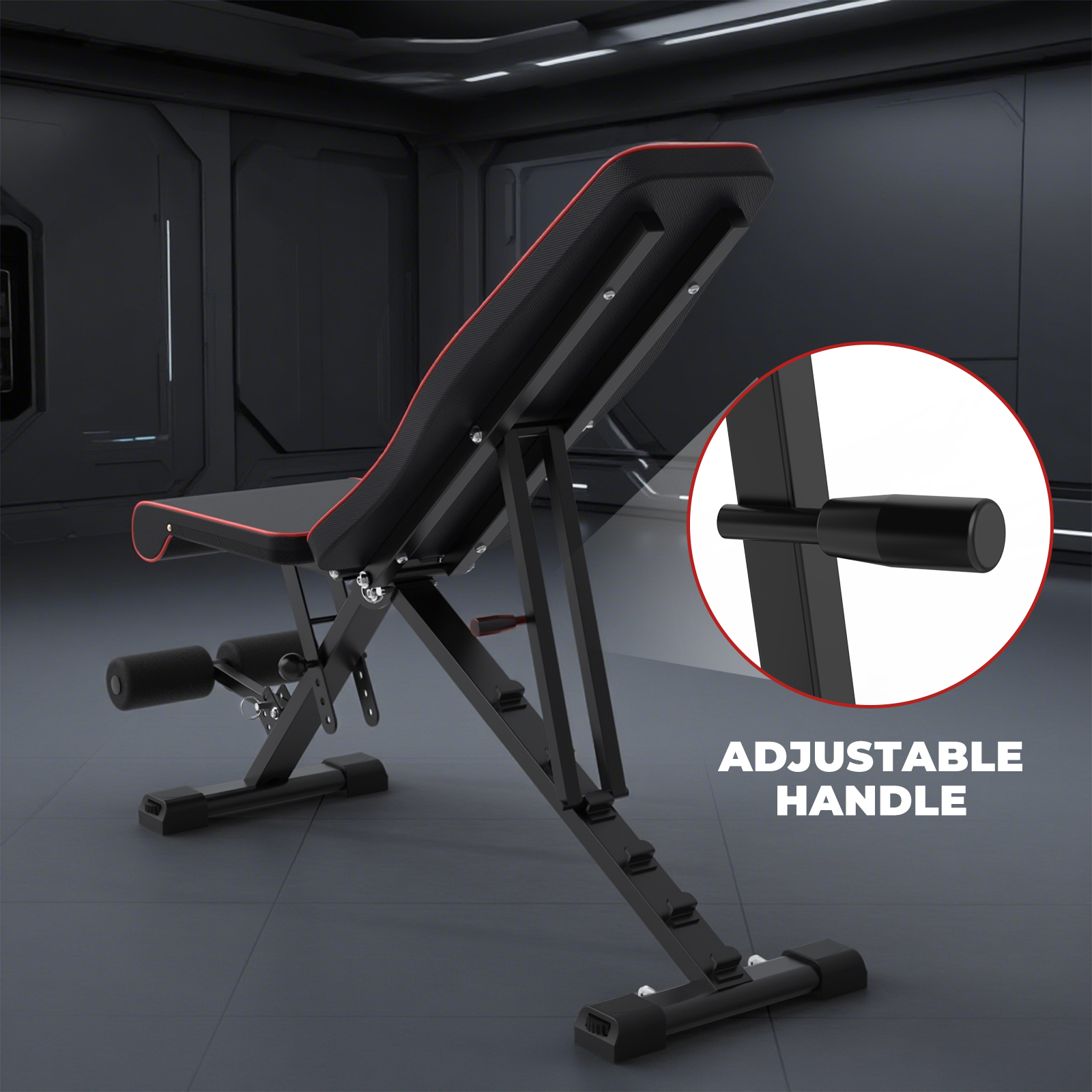 Czarno-czerwona regulowana ławka do ćwiczeń. Posiada regulowany uchwyt. Na ciemnym, futurystycznym tle.