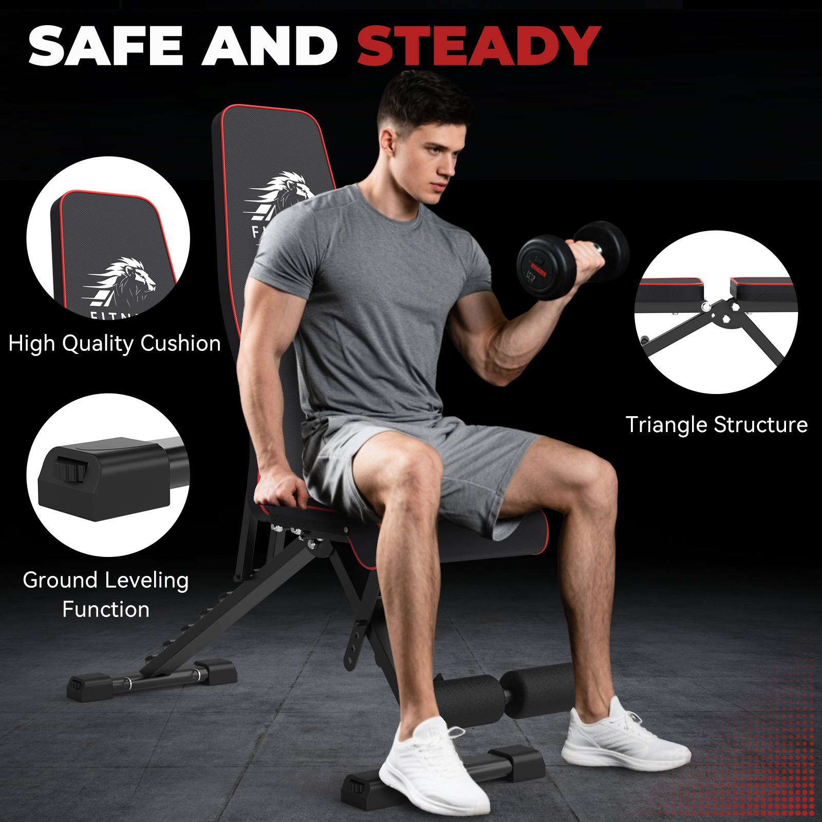 Mężczyzna podnosi hantle siedząc na czarnej ławce do ćwiczeń. Ławka ma czerwone akcenty i cechy takie jak wysokiej jakości poduszka.