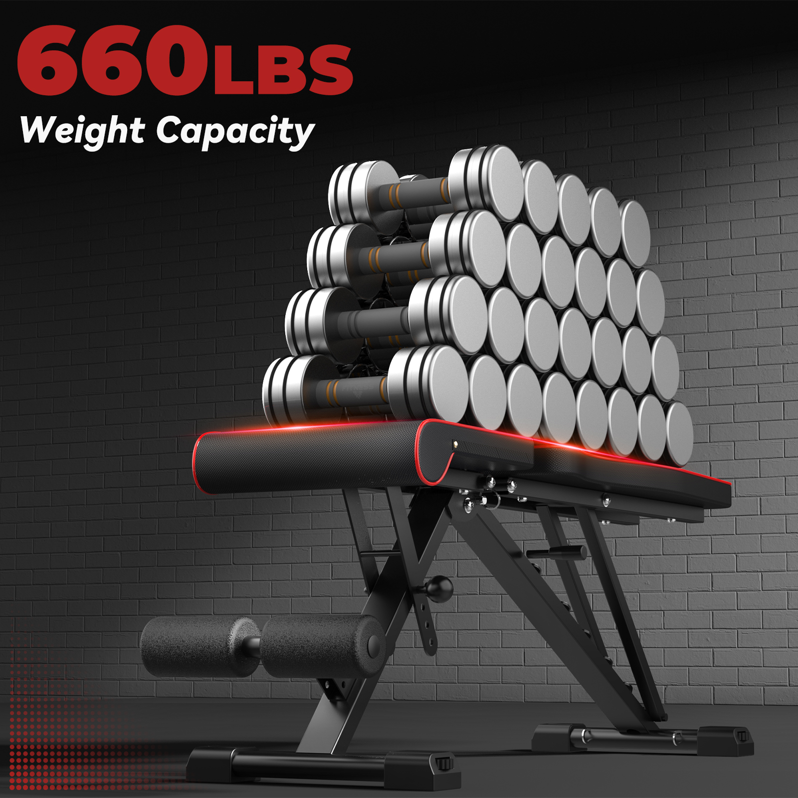 Ławka do ćwiczeń ze stosami hantli. Tekst mówi 660 funtów udźwigu. Tło to ceglana ściana.
