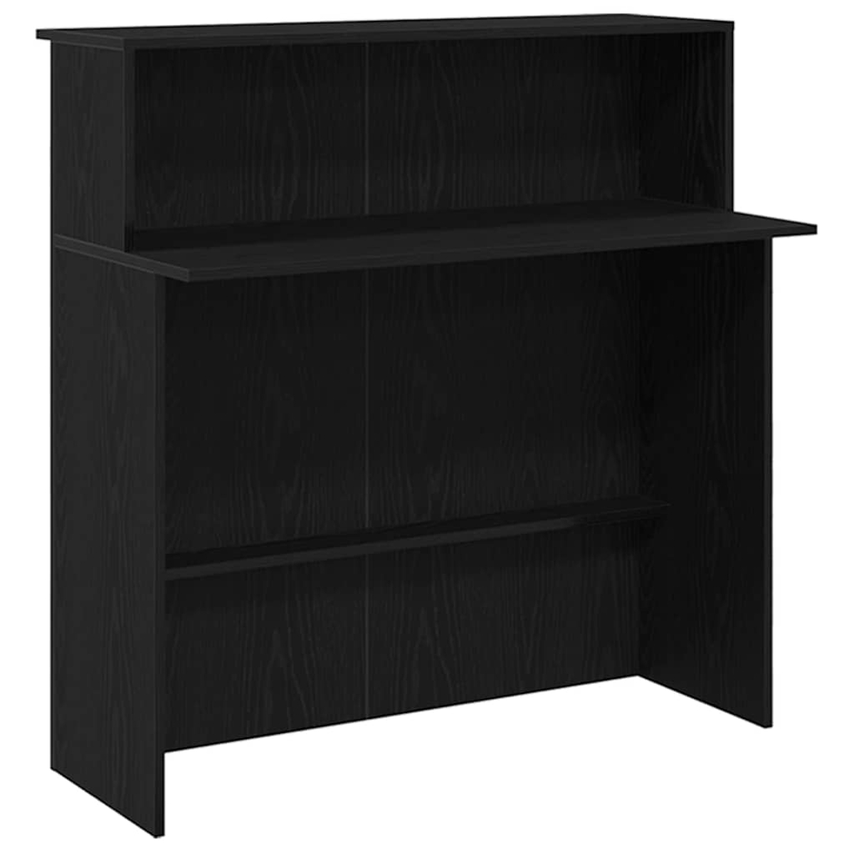 Eine schwarze Holzbar mit oberem Regal, Theke und unterem Regal. Die Holzmaserung ist sichtbar.