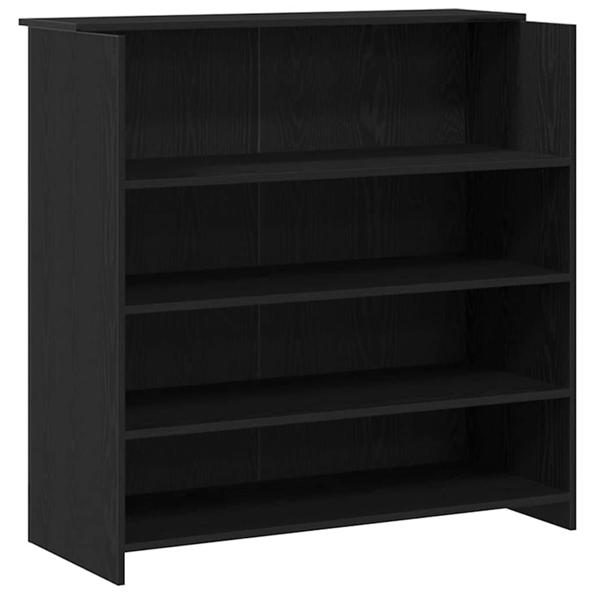 Ein schwarzes Bücherregal mit vier Regalen. Es ist leer. Die Holzmaserung ist auf der Vorder- und den Seiten sichtbar.