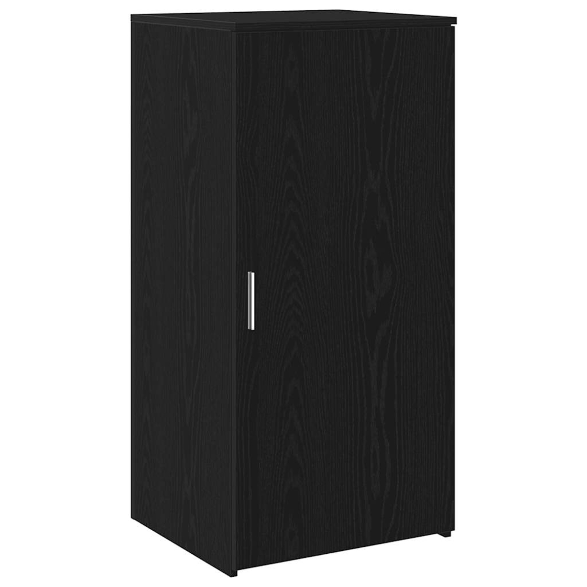 Ein hoher, schwarzer Holzschrank mit einem einzelnen silbernen Griff. Die Holzmaserung ist sichtbar.