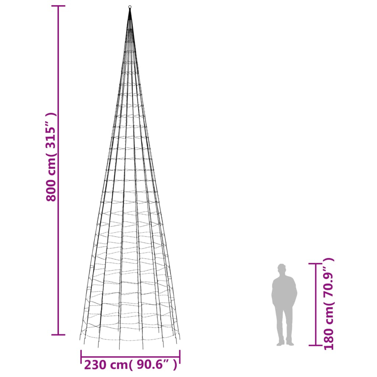 Eine hohe, konische Metallkonstruktion, 800 cm hoch, neben einer 180 cm großen menschlichen Silhouette. Die Basis ist 230 cm breit.